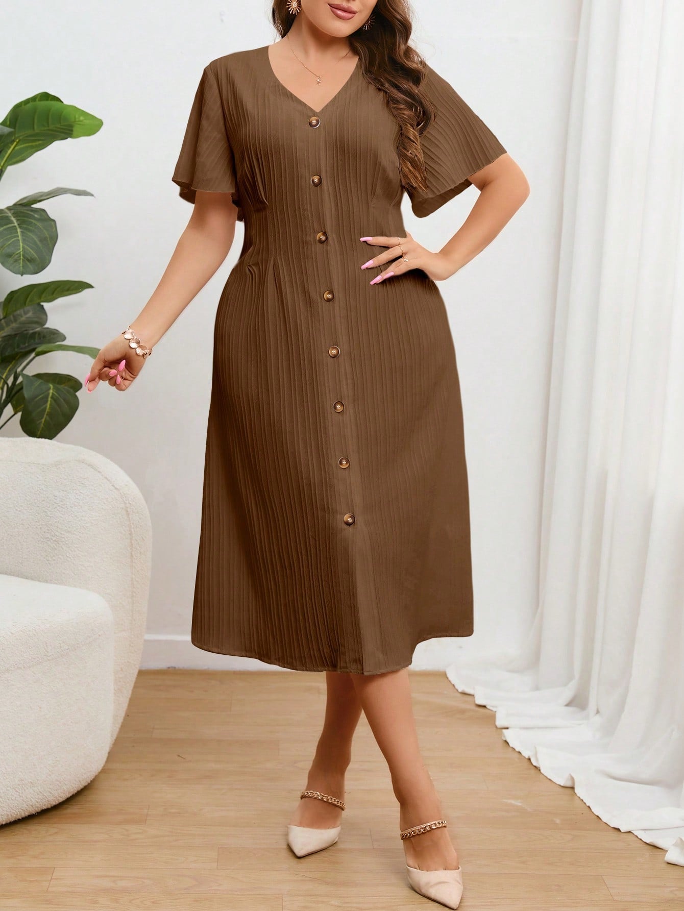 Vestido Botão Frontal Gola V
