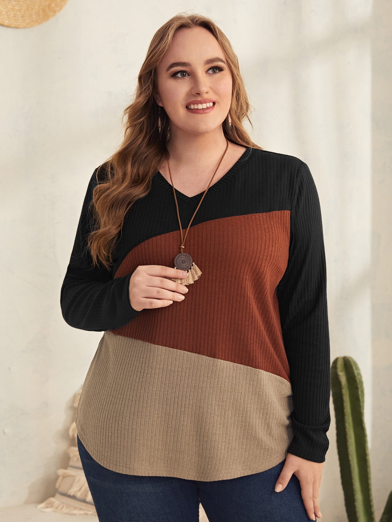 Blusa de Manga Longa Com Bloco de Cores