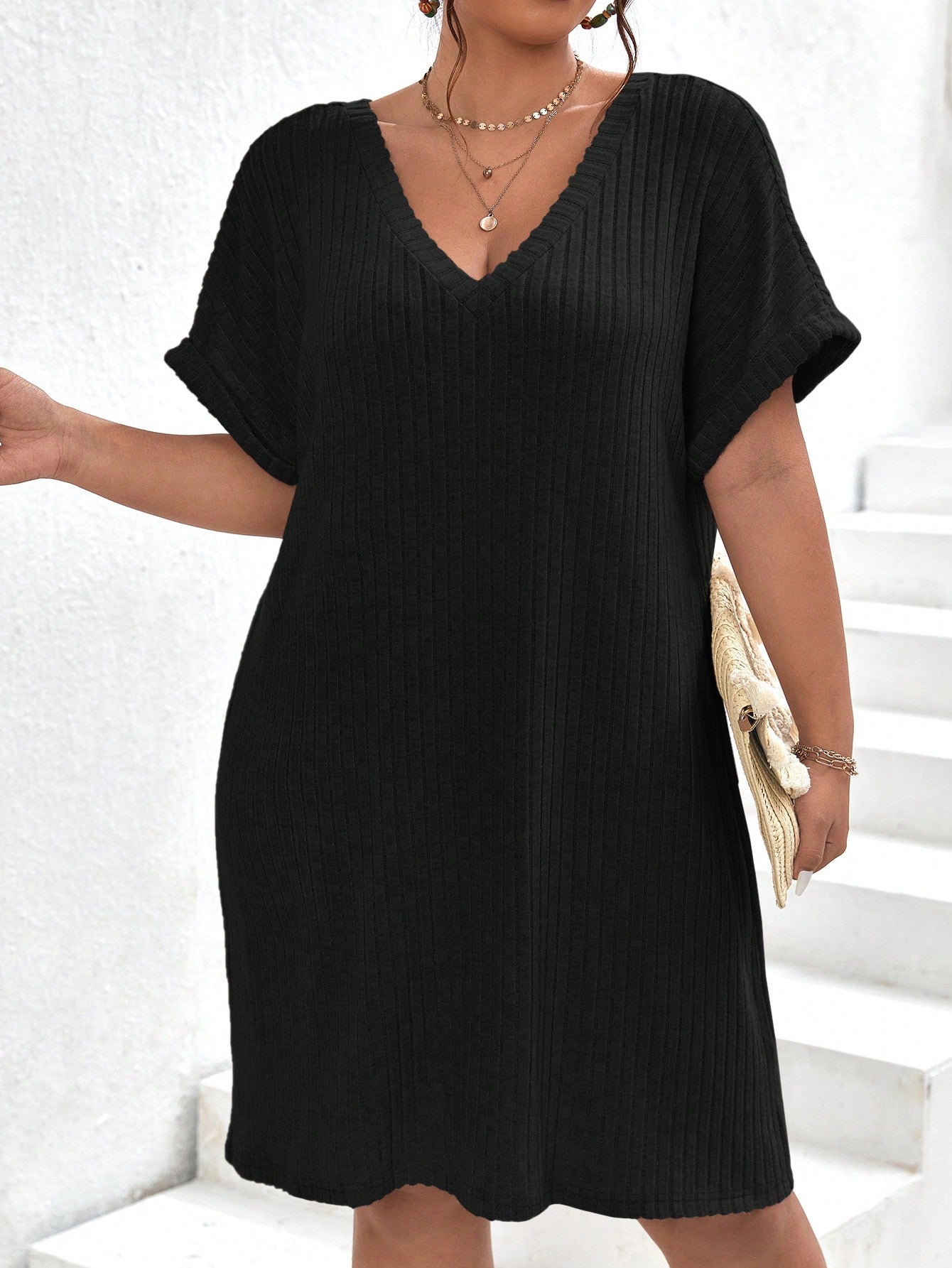 Vestido Canelado Gola V