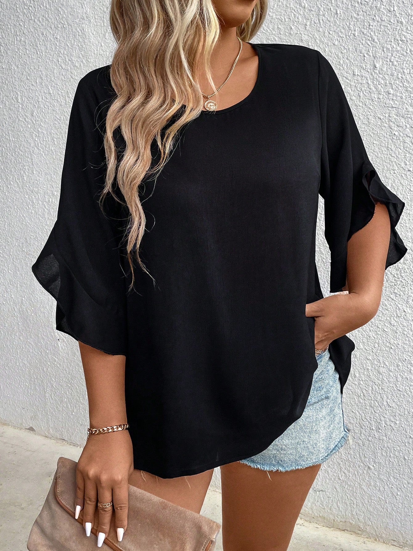 Blusa Manga Três Quartos Esvoaçante