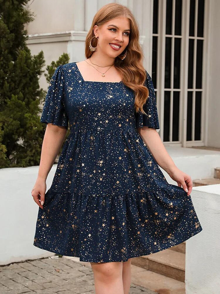 Vestido Estampa Constelação com Manga Borboleta