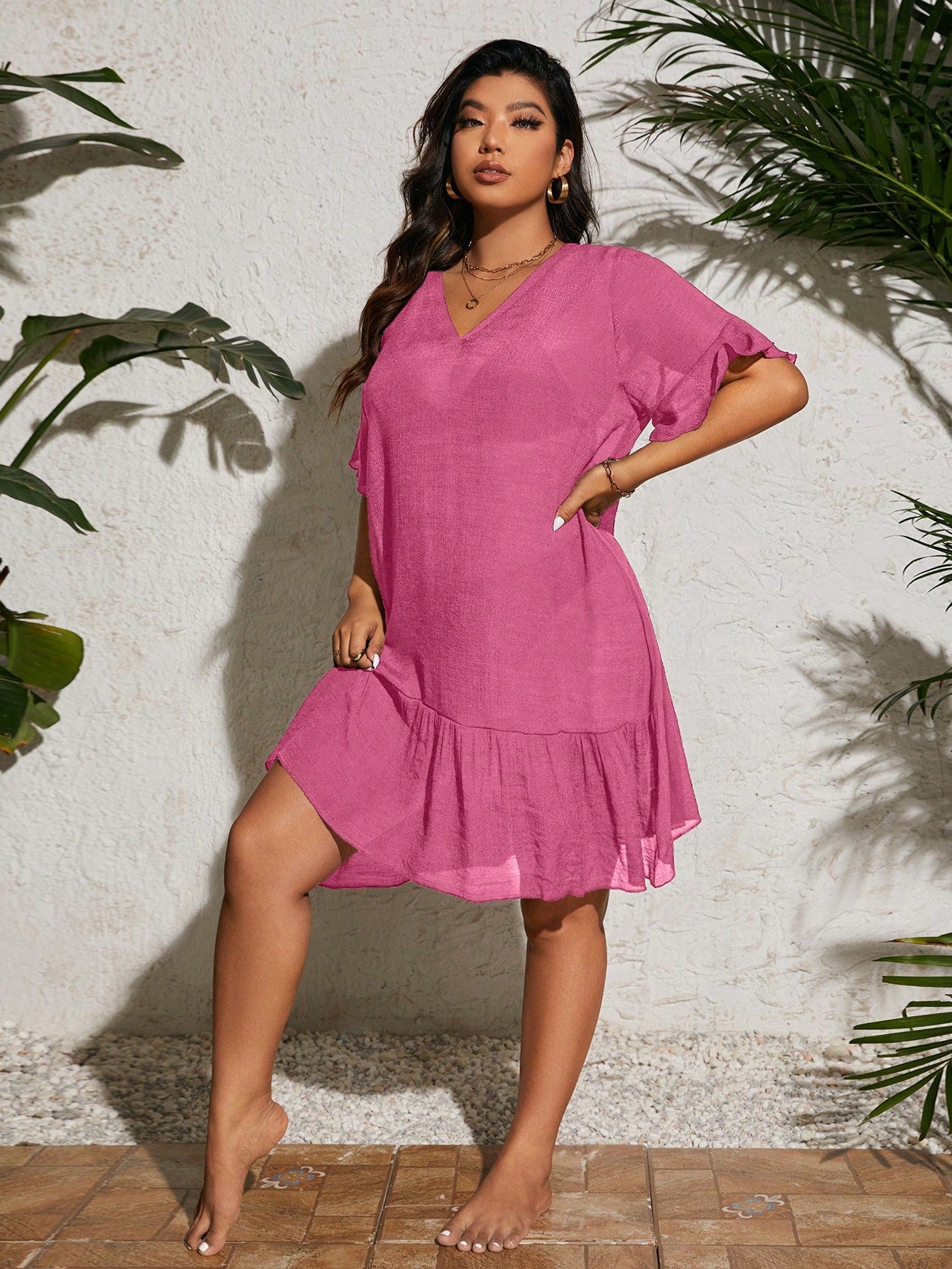 Saída de Praia Decote V com Bainha Babados