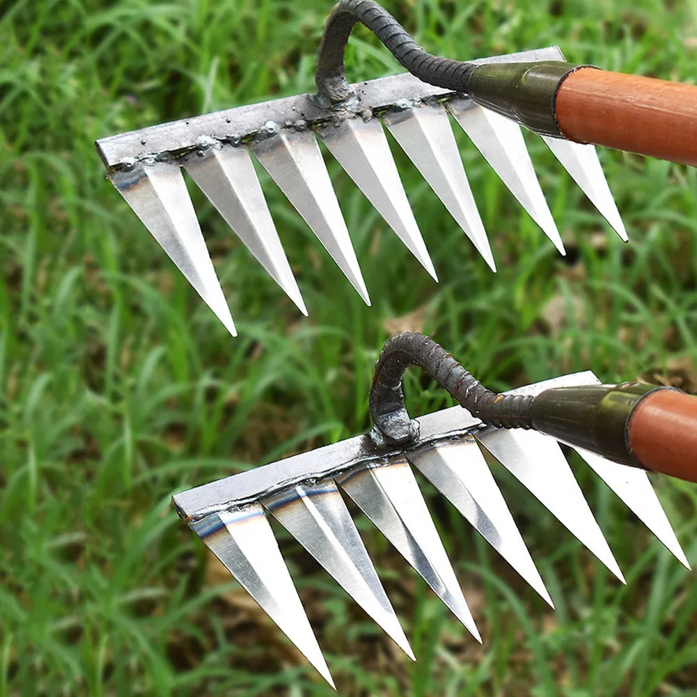 5/6/7/8 Teeth Iron Gardening Hoe Weeding Rake Farm Tool Grasping Raking Loosening Soil Nail Rake Tool Artifact Harrow Farm Tool