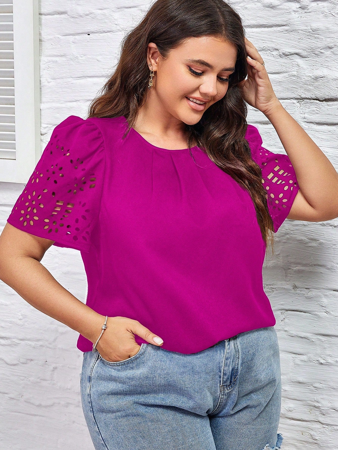 Blusa Clasi Manga Bordada Plus Size