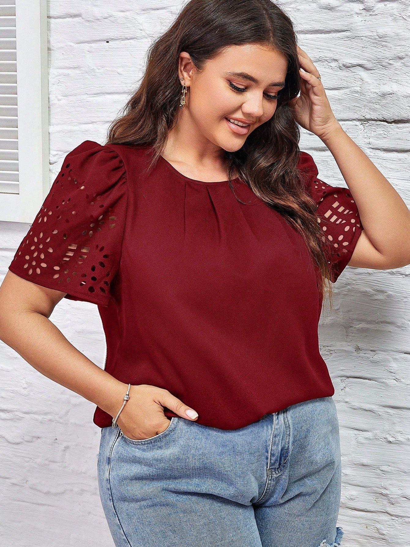 Blusa Clasi Manga Bordada Plus Size